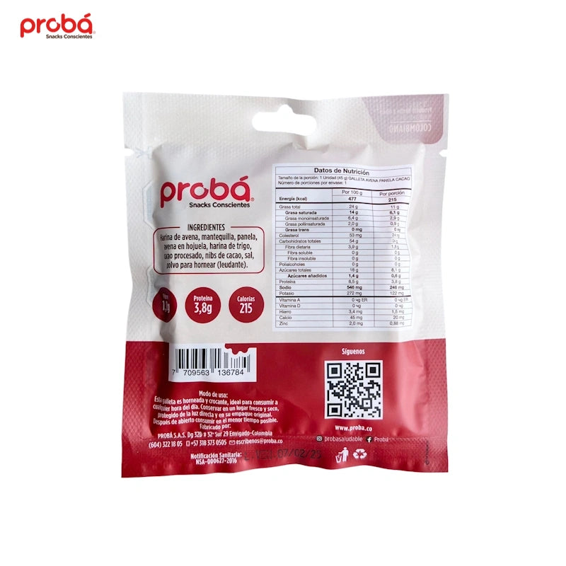 Galleta de Avena, Panela y Cacao x 3 pack de 45 gr-Pasabocas y Snacks-Proba-Eatsy Market