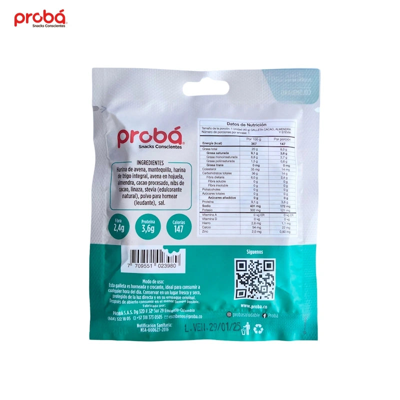 Galleta de Avena, Almendra y Cacao sin Azucar x 3 pack de 45 gr-Pasabocas y Snacks-Proba-Eatsy Market