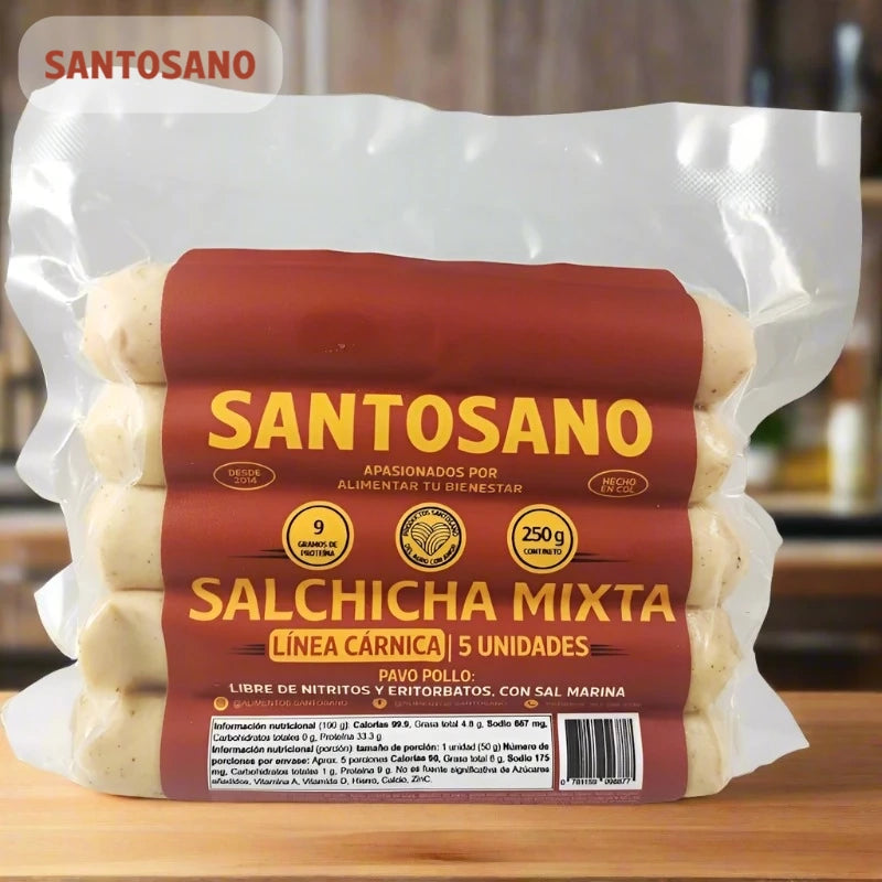 Salchichas de Pollo y Pavo x 5 und (250 gr)-Proteínas-Santosano-Eatsy Market